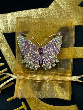 Elegant Purple & Clear Crystal Butterfly Brooch - Gold Tone